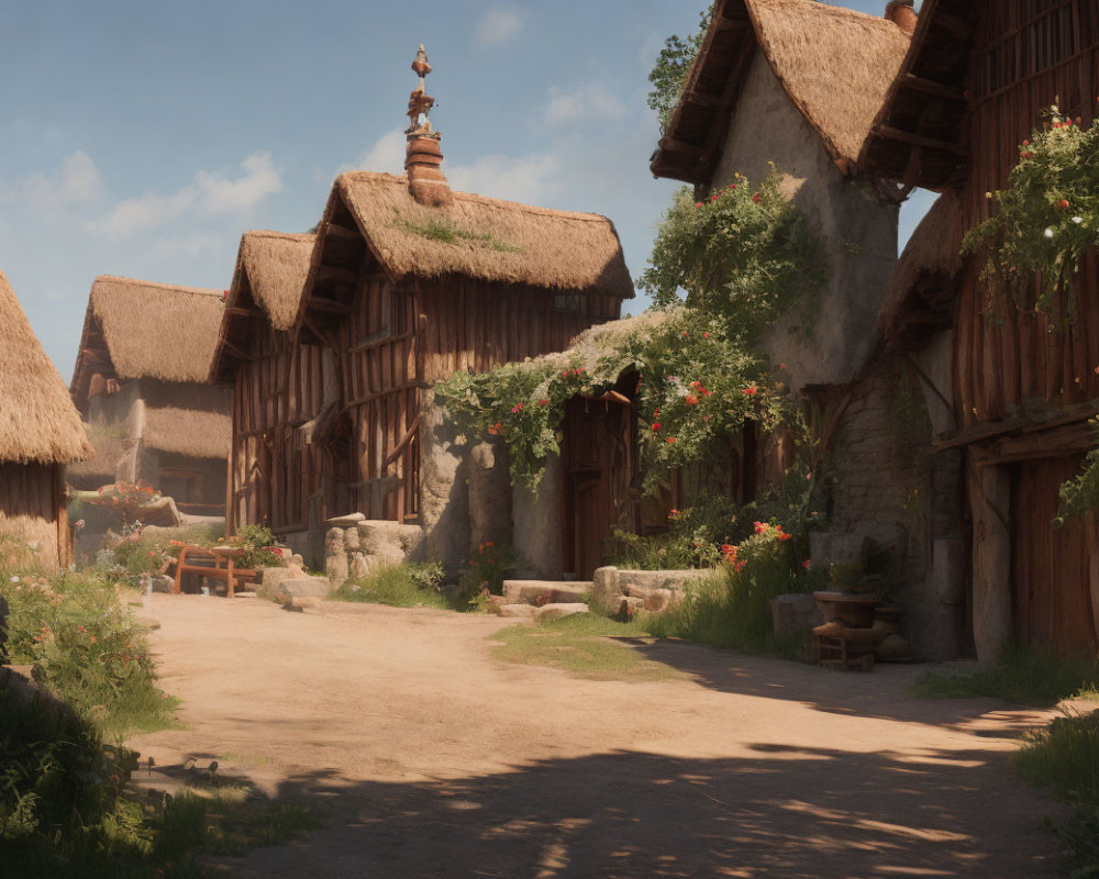 Medieval village with thatched-roof cottages and blooming plants