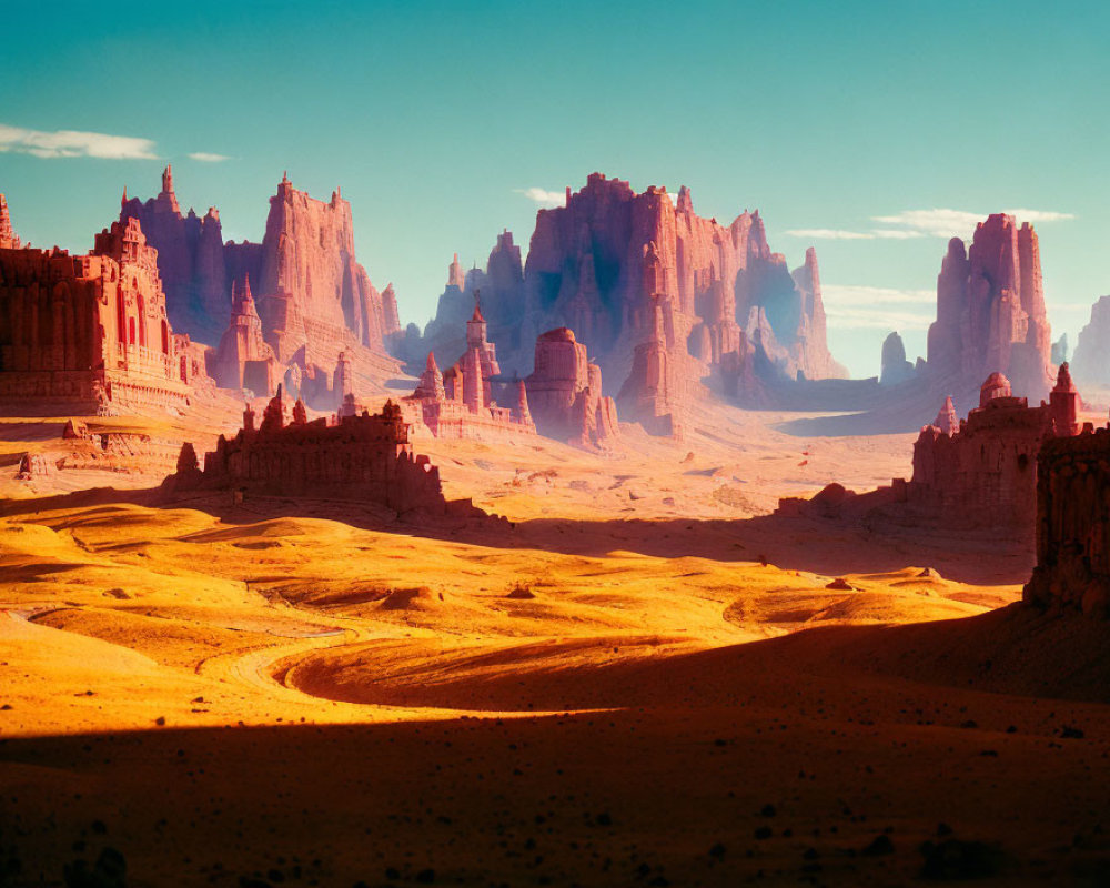 Majestic red rock formations under a blue sky with a winding desert path