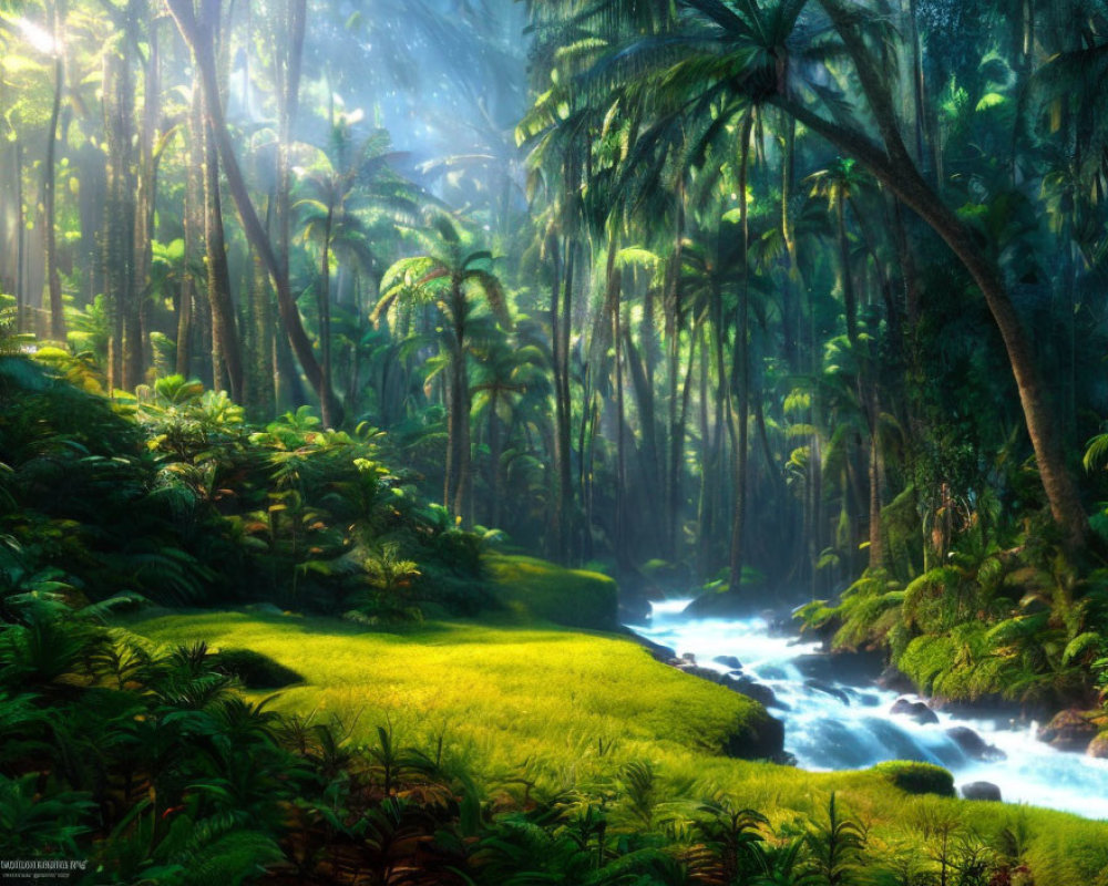 Serene Stream in Lush Green Forest with Palm Trees