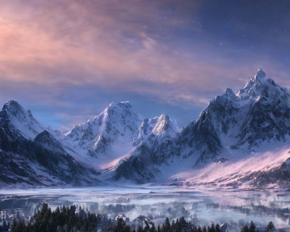 Snow-capped mountains reflected in calm waters under starry sky