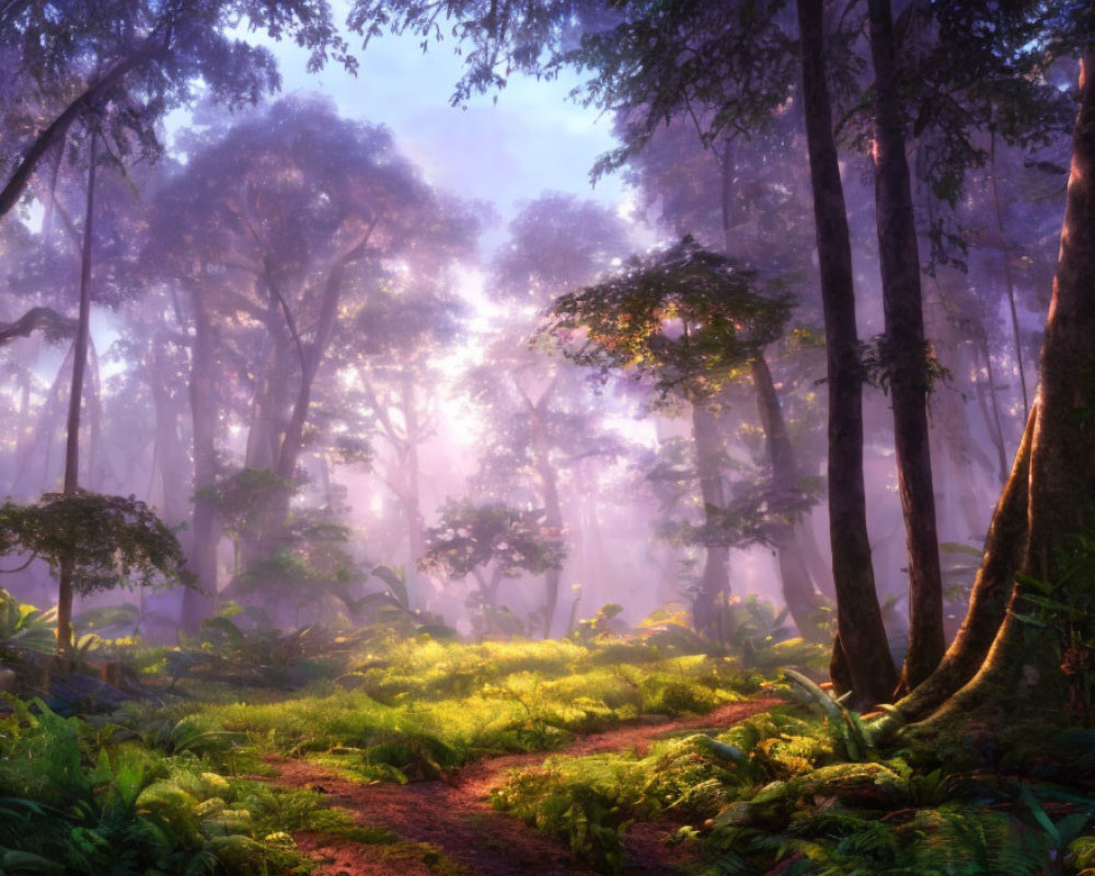 Serene forest clearing with misty trees and winding path