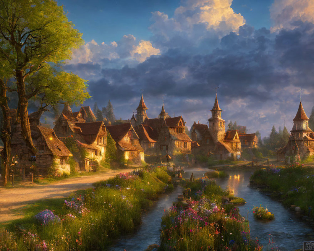 Fantasy village with traditional houses and spires under dramatic dusk sky