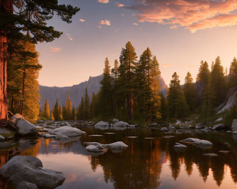 Tranquil river sunset with pine trees and rocks