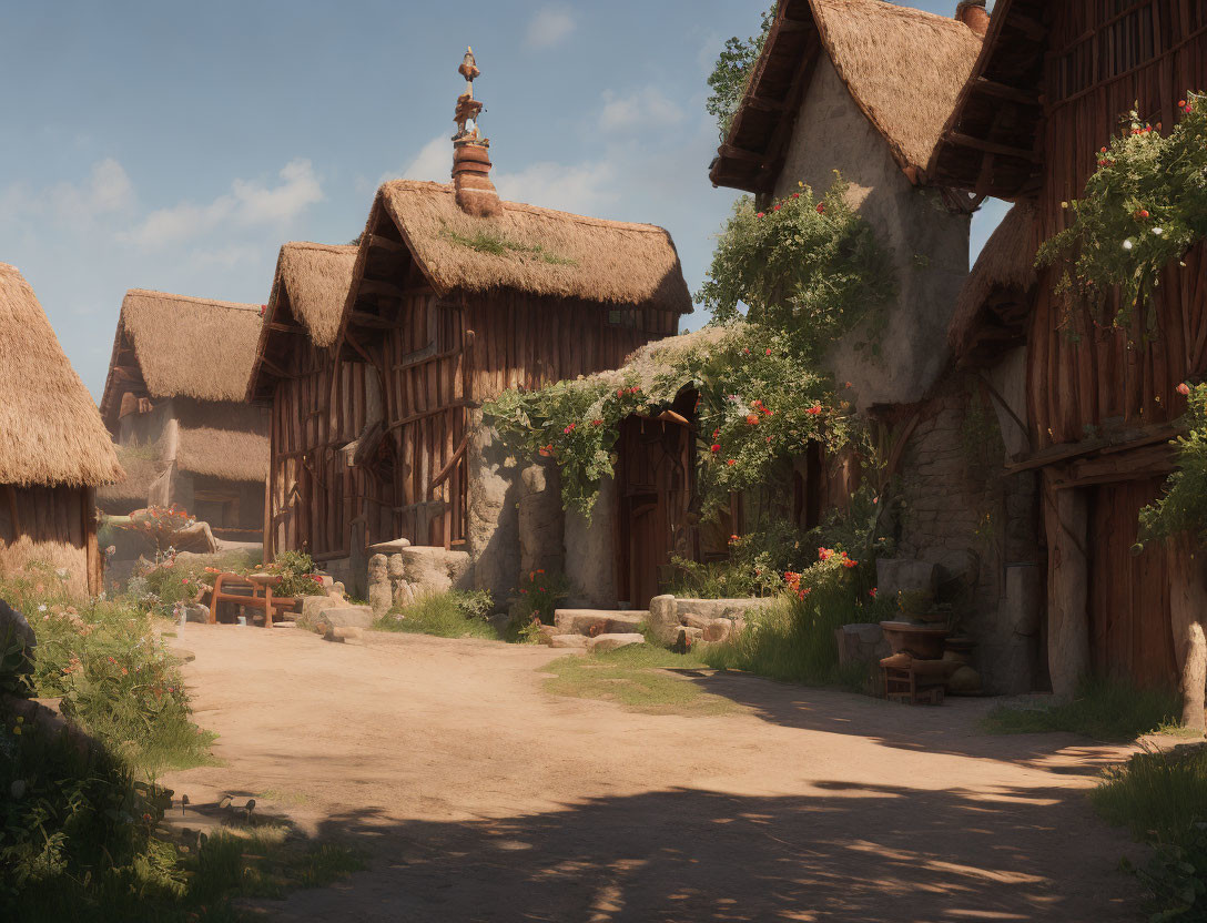 Medieval village with thatched-roof cottages and blooming plants