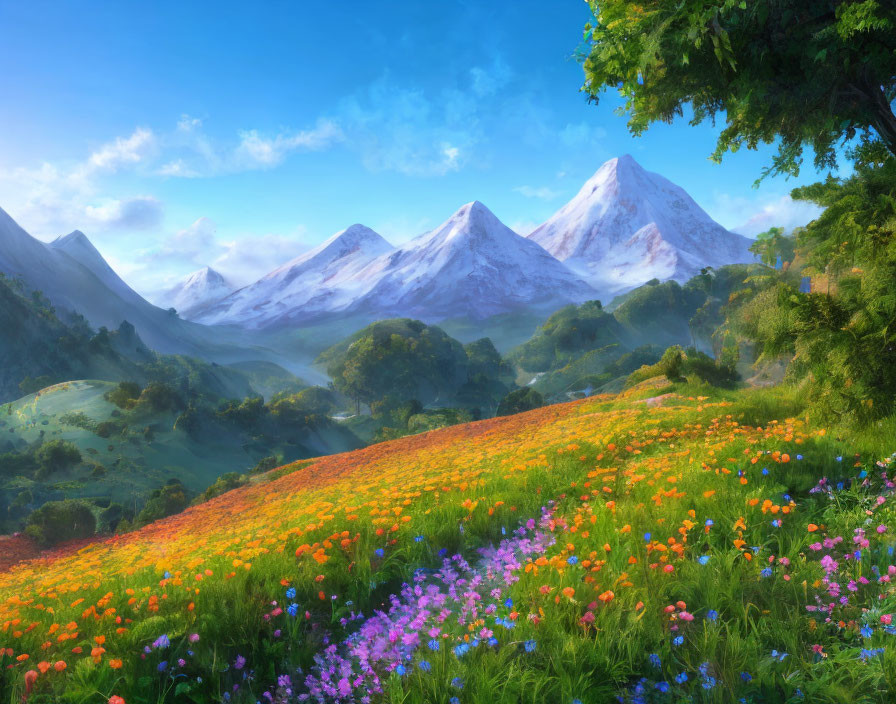 Snow-capped mountains and wildflowers in serene landscape