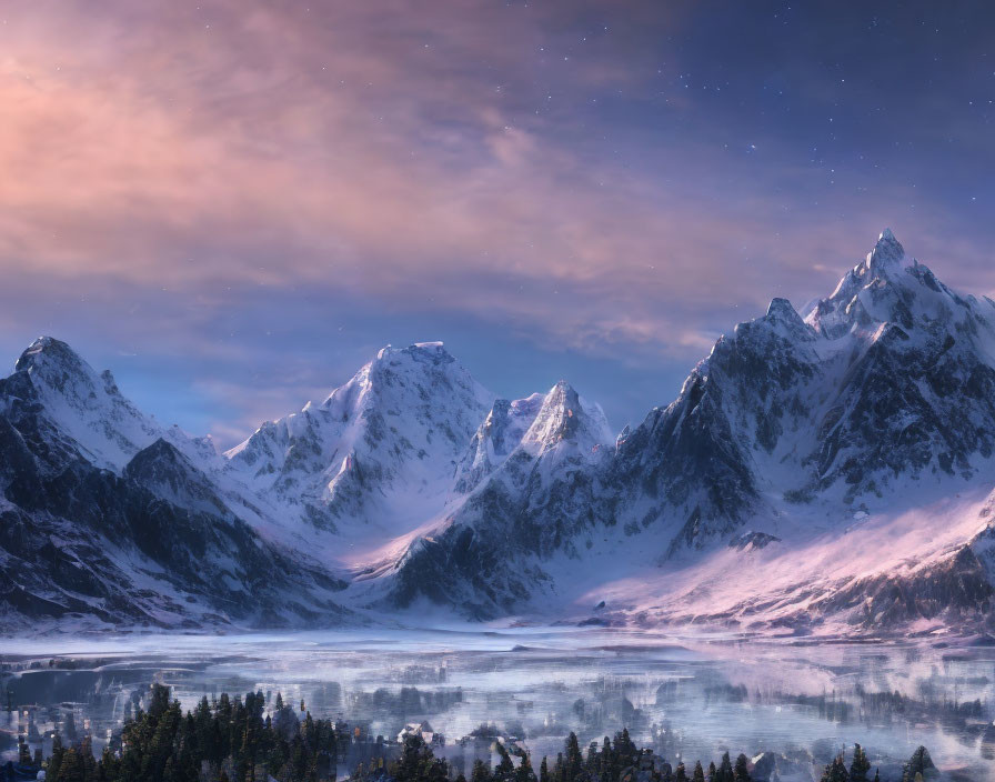 Snow-capped mountains reflected in calm waters under starry sky