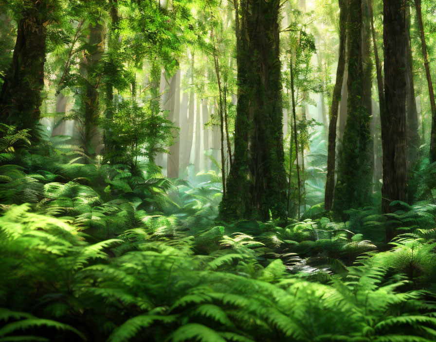 Verdant forest with sunlight filtering through towering moss-covered trees