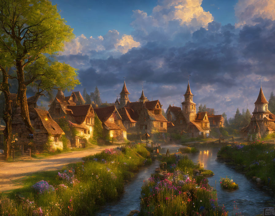 Fantasy village with traditional houses and spires under dramatic dusk sky