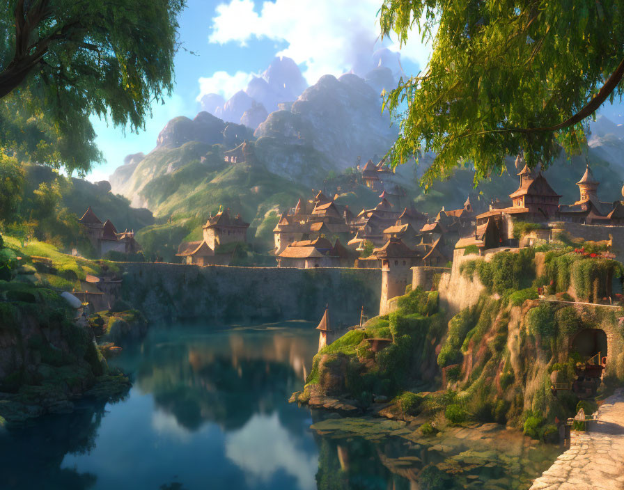 Tranquil fantasy landscape with idyllic village, river, and lush greenery