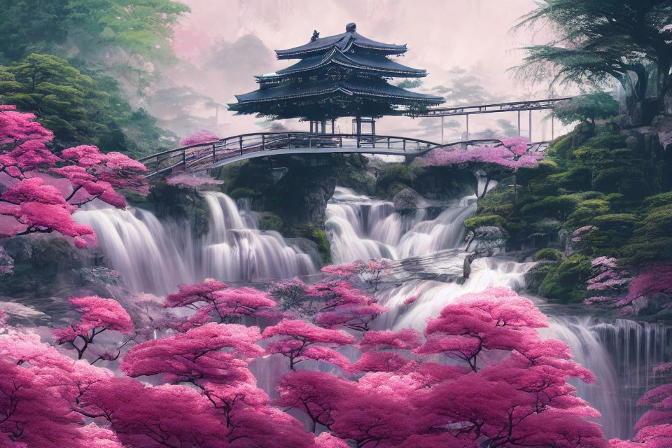 Scenic landscape with waterfalls, pagoda, bridges, and cherry blossoms