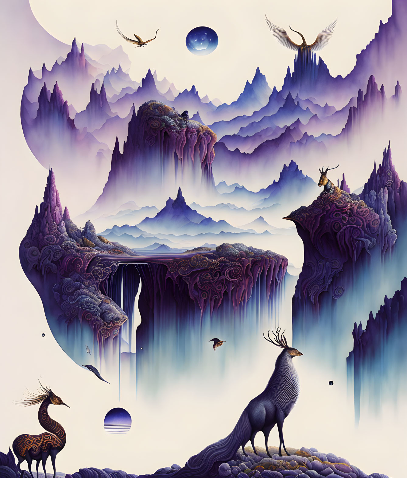 Surreal landscape with layered mountains, waterfalls, and antlered creatures