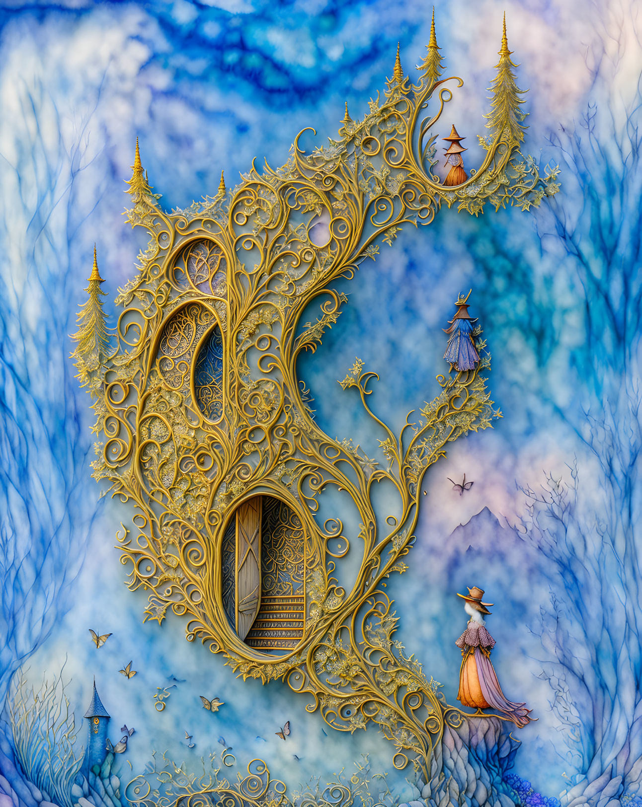 Intricate golden tree door with figure in orange cloak and birds in flight