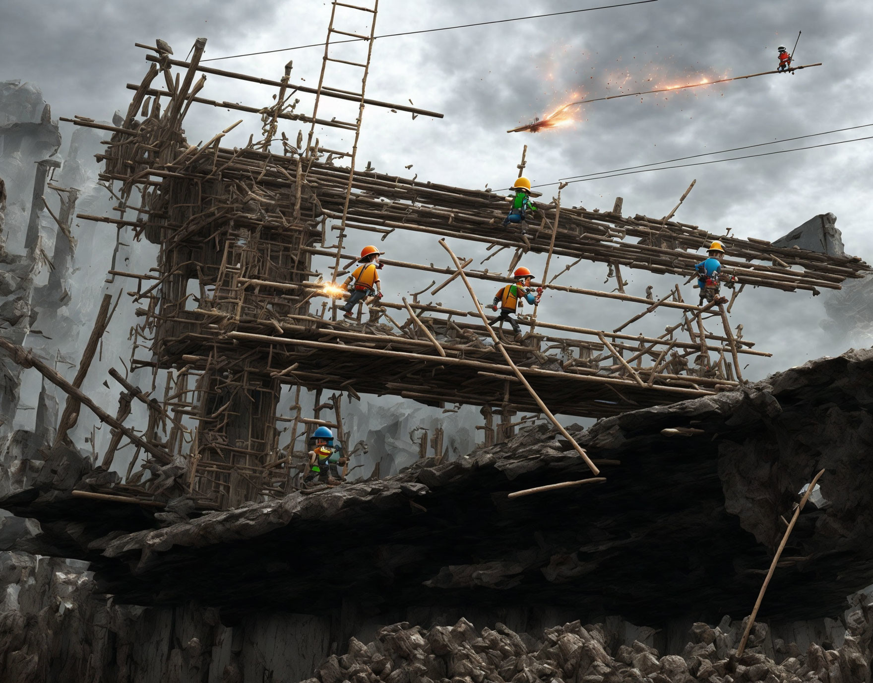 Workers on wooden scaffold near rocky cliffs under fiery meteor.