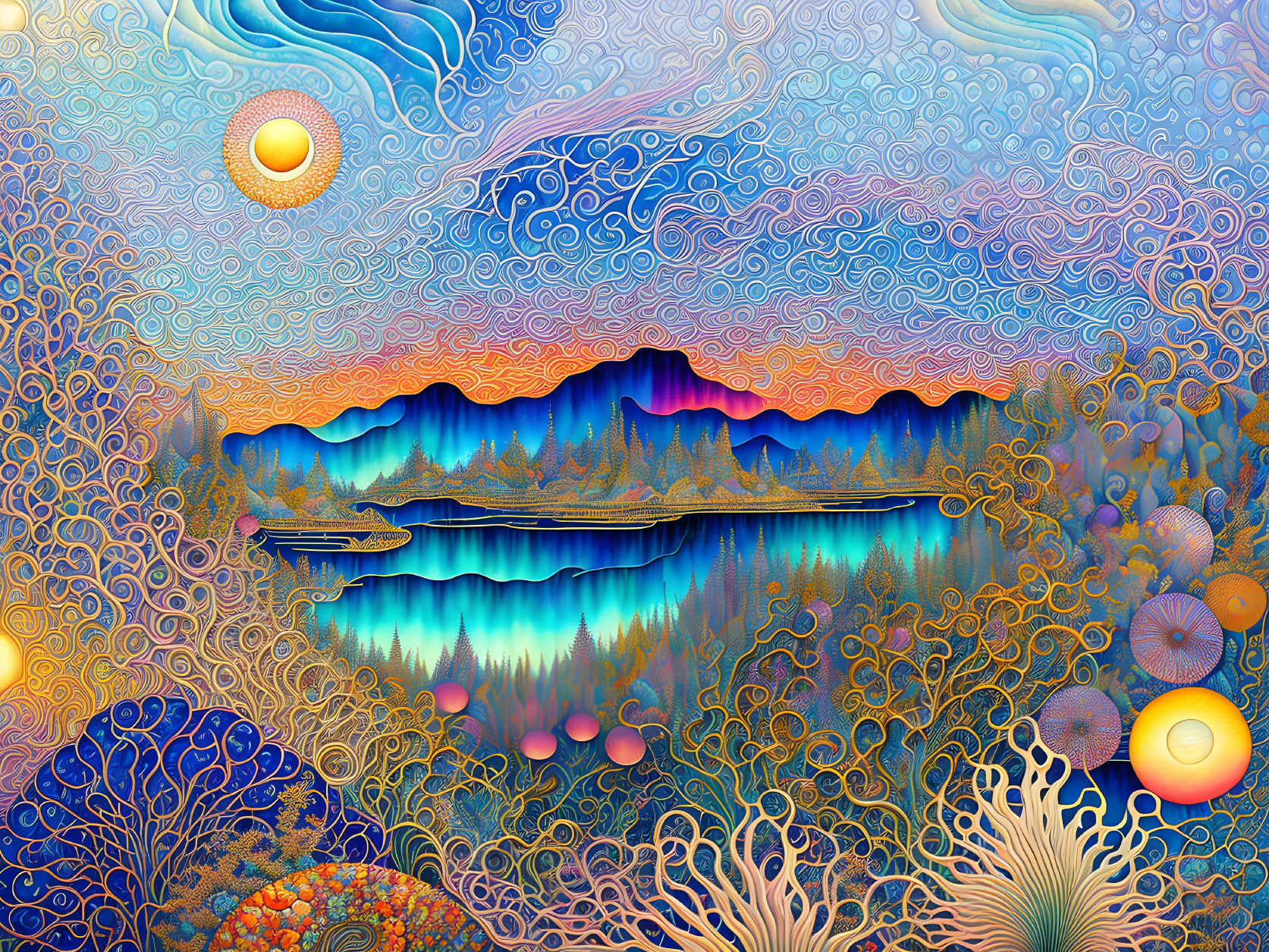 Colorful Psychedelic Landscape with Lake, Boat, and Fantastical Flora