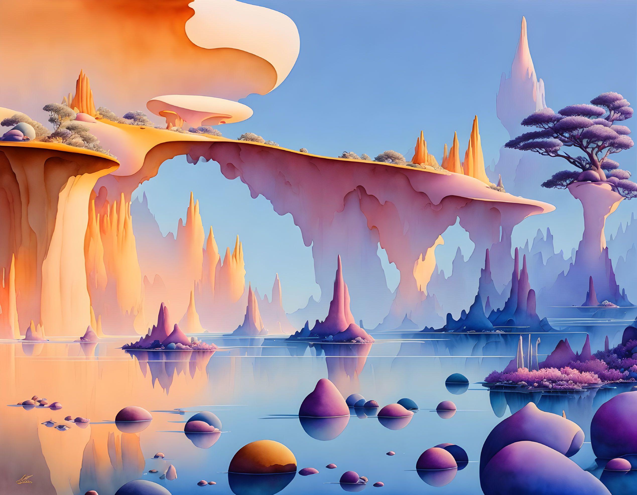 Orange and Purple Surreal Landscape with Towering Formations and Reflective Water