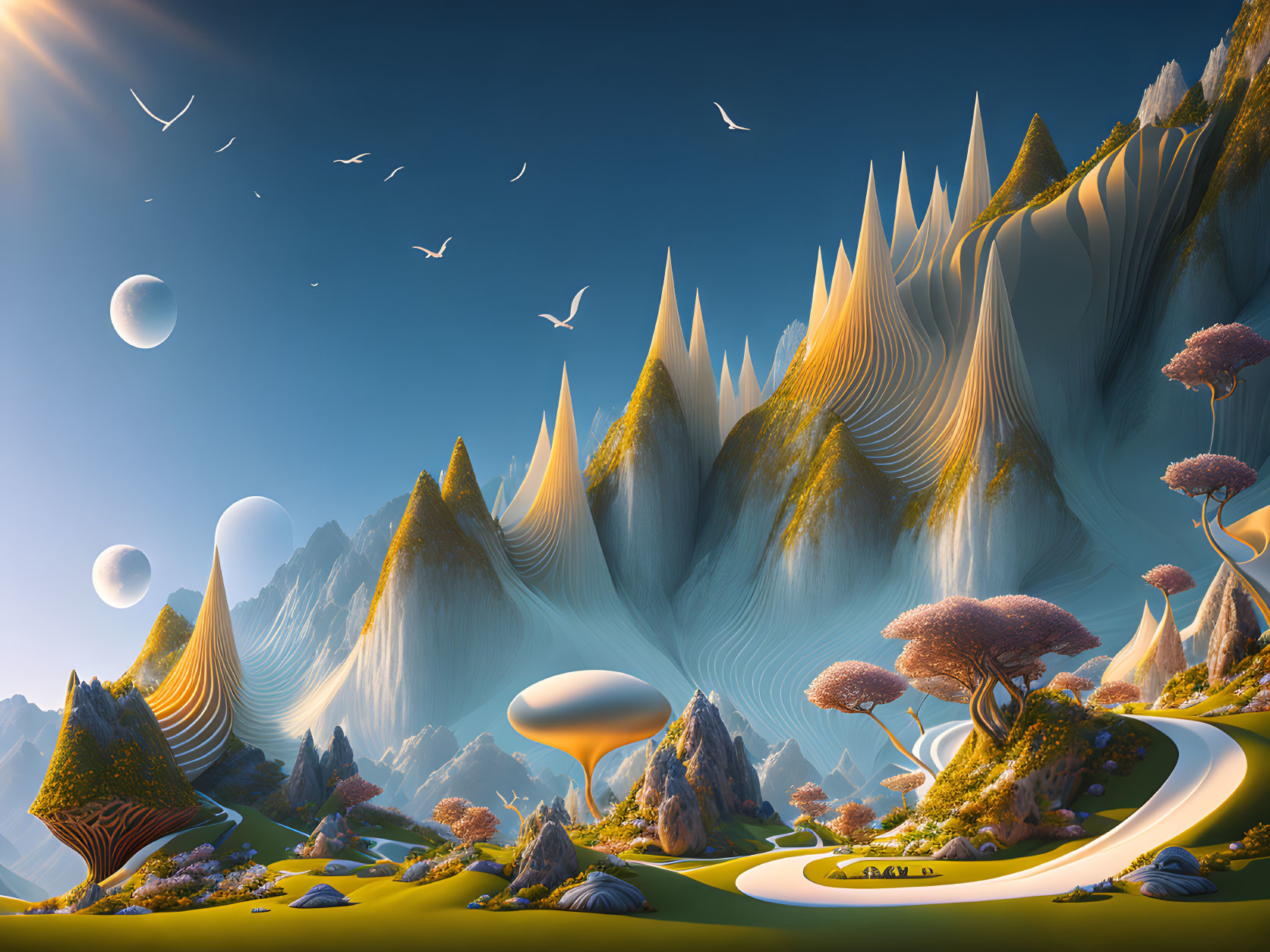 Surreal landscape with undulating mountains, multiple moons, unique trees, winding road, and vibrant