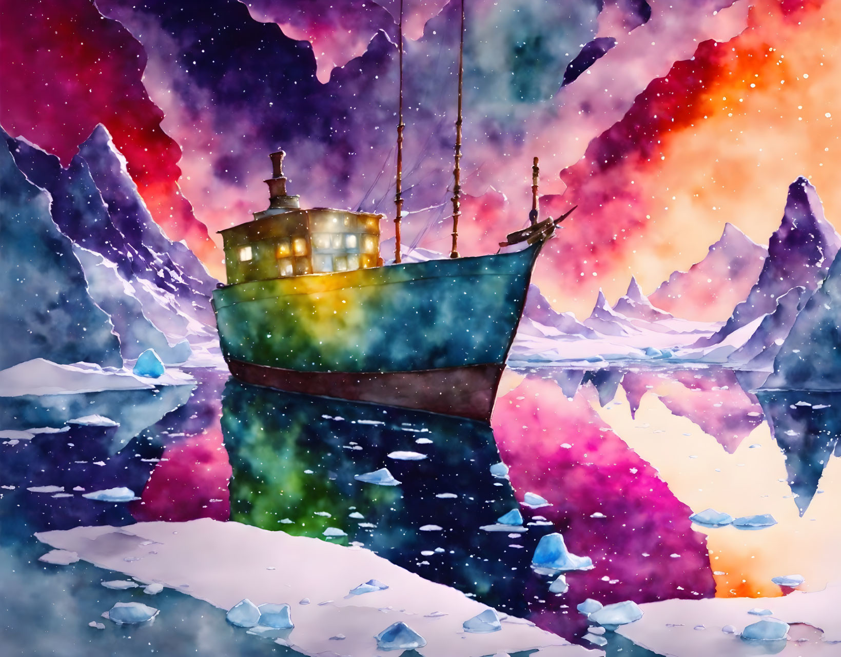 Colorful Watercolor Painting: Ship in Icebergs Under Starry Sky