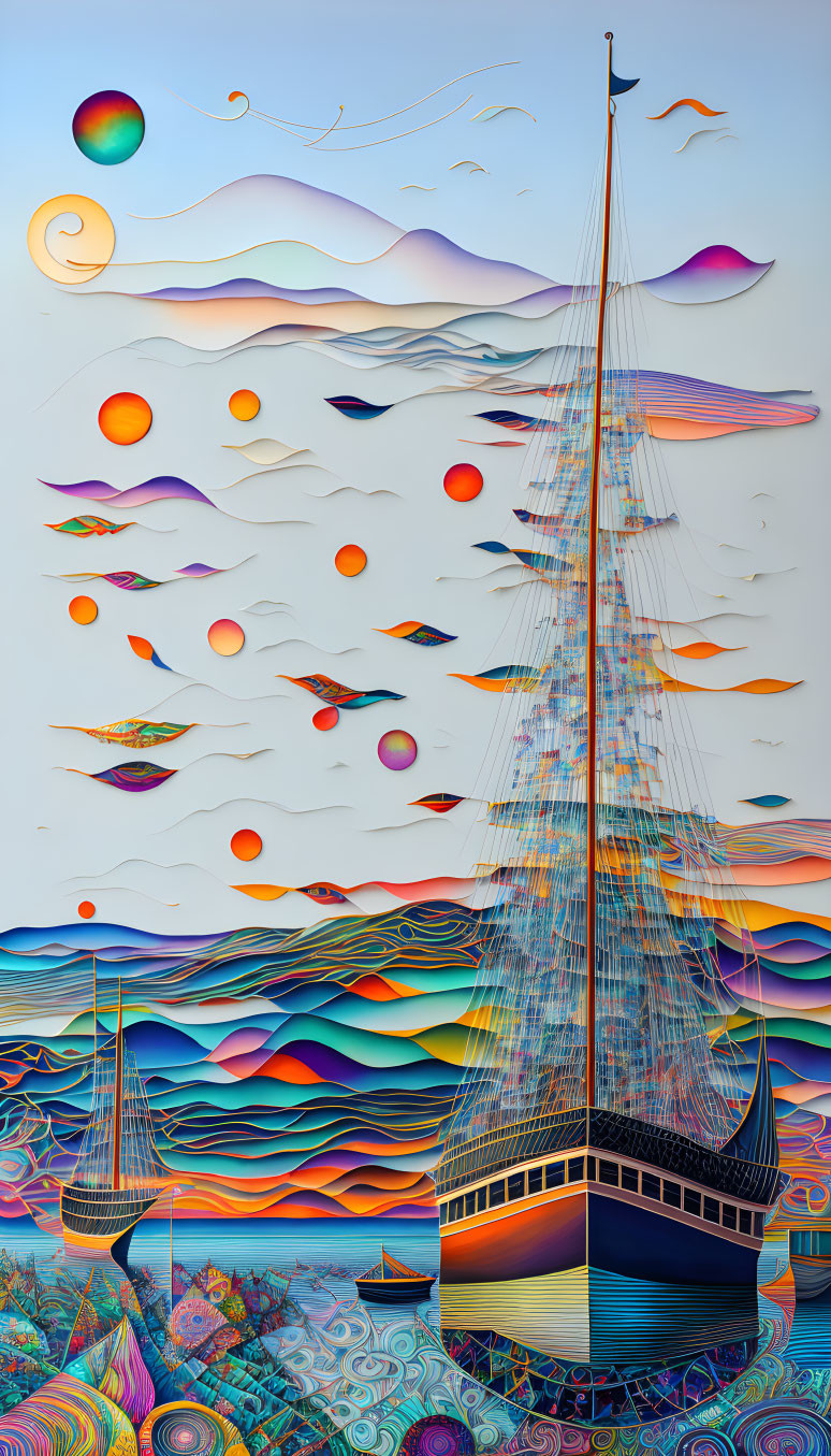 Colorful sailing ship on stylized waves with fish and suns in whimsical atmosphere