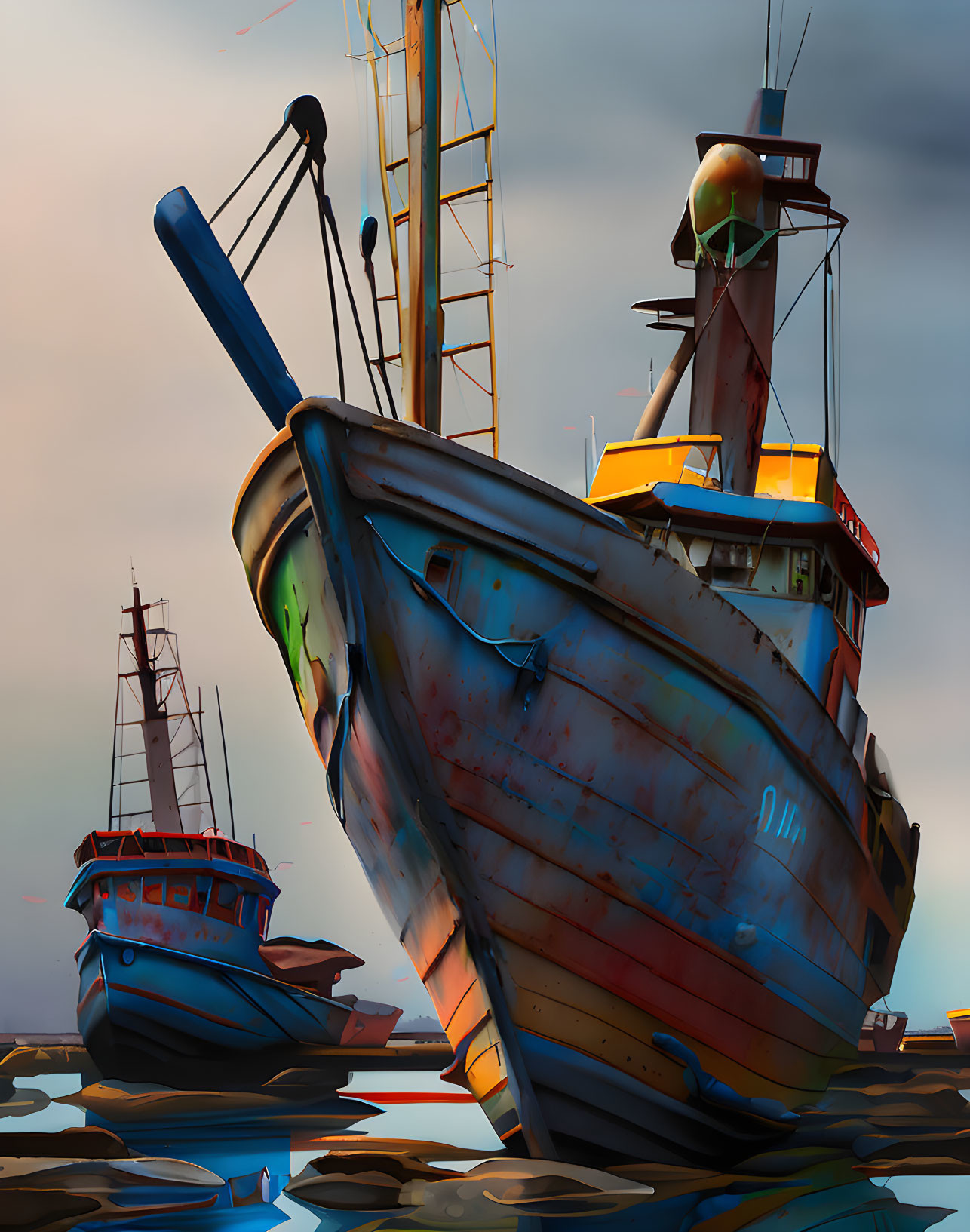 Fishing boats in dry dock under dramatic sunset sky