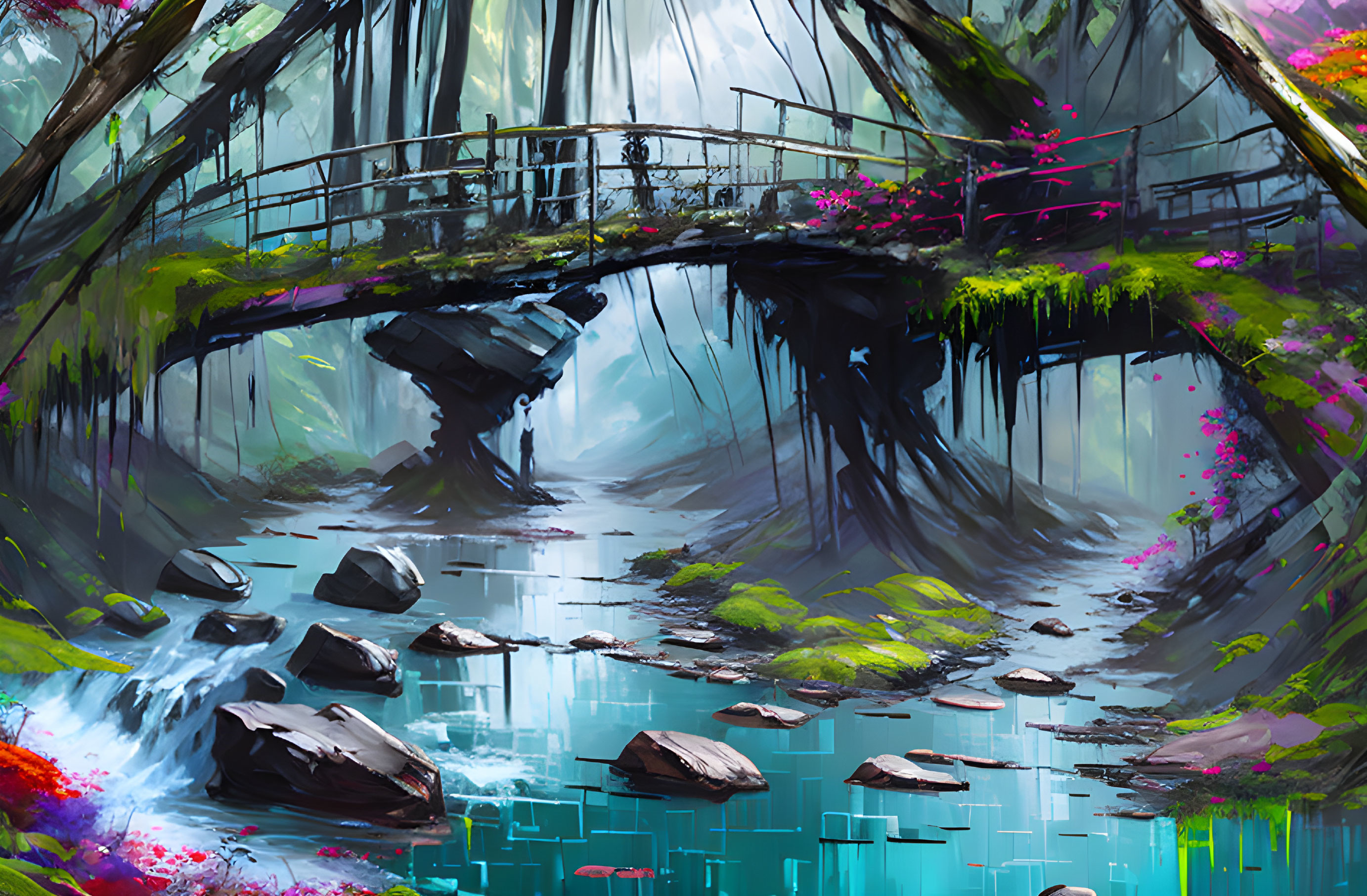 Tranquil stream and old bridge in lush, colorful forest