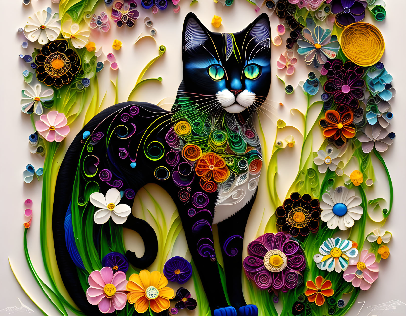 Colorful Quilled Paper Art: Black and White Cat with Vibrant Flowers