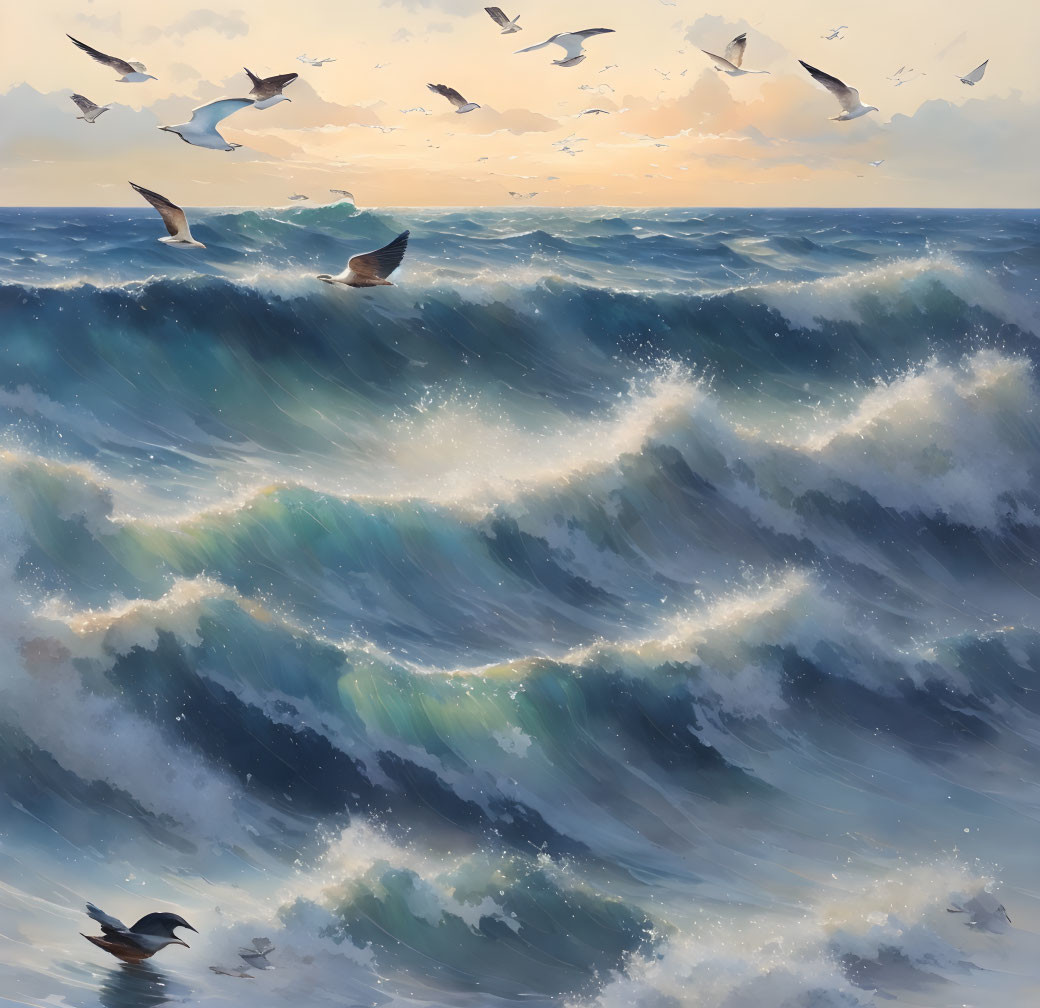 Ocean scene with rough blue waves, cloudy sky, and gliding seagulls.