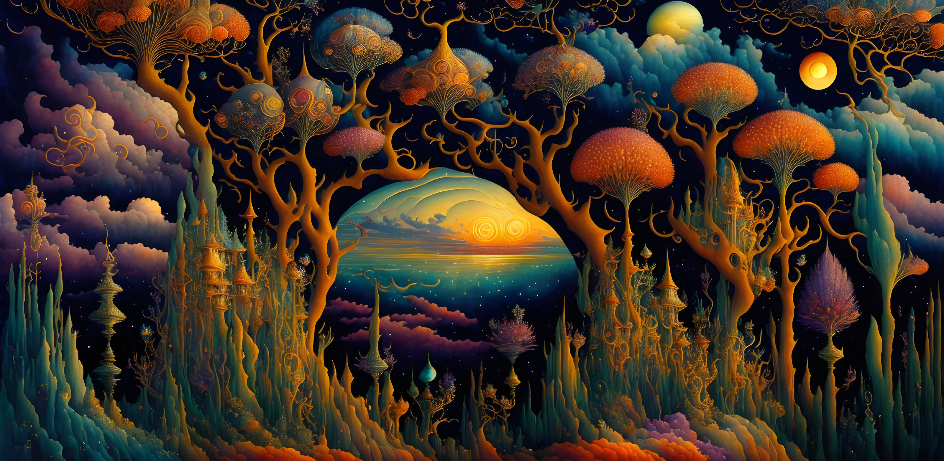 Colorful fantasy landscape with stylized trees, orbs, and serene sunset