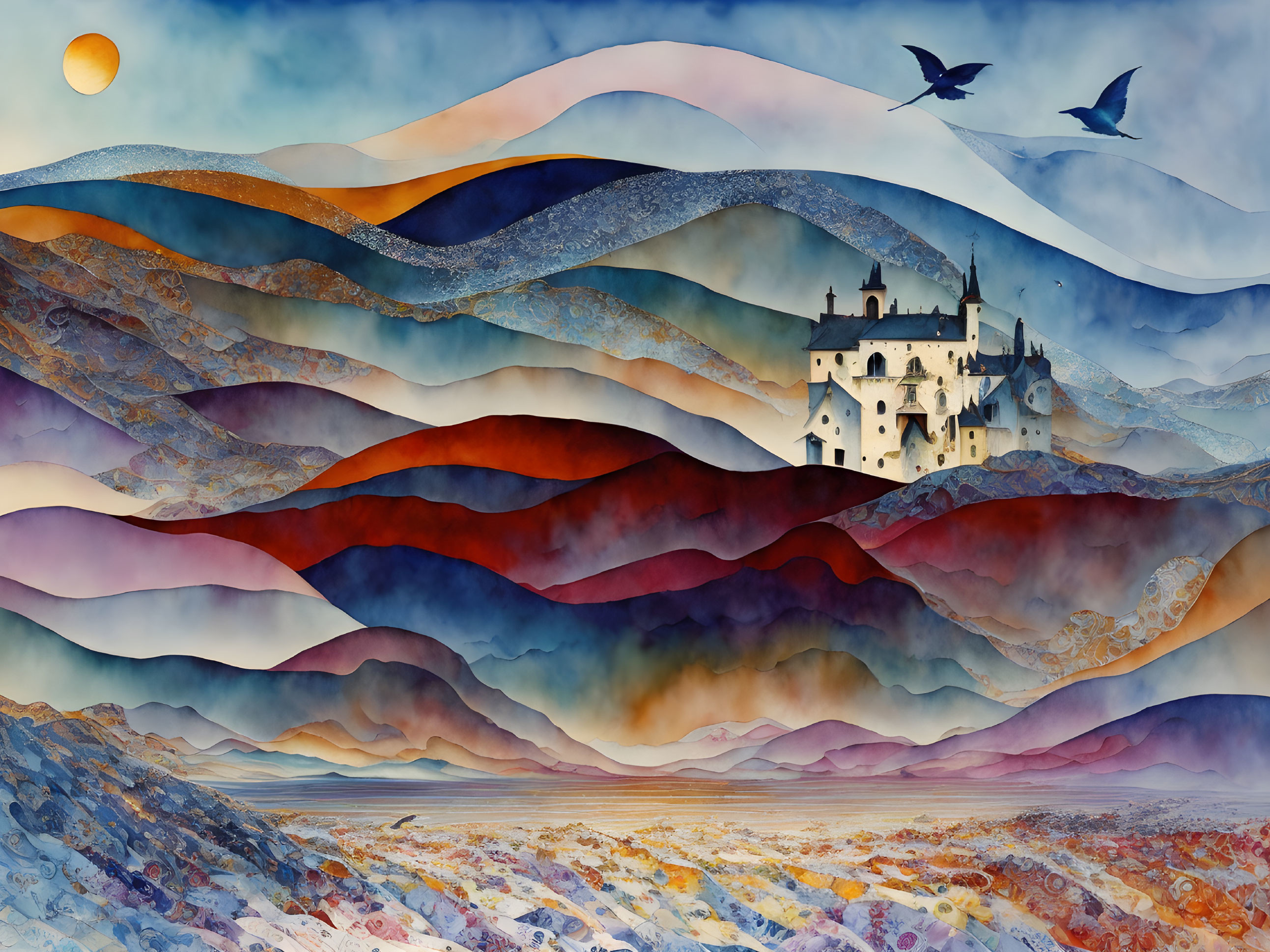 Vibrant landscape with layered hills, castle, birds, and setting sun