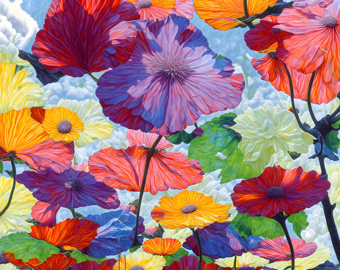 Colorful Poppy Illustration with White Clouds