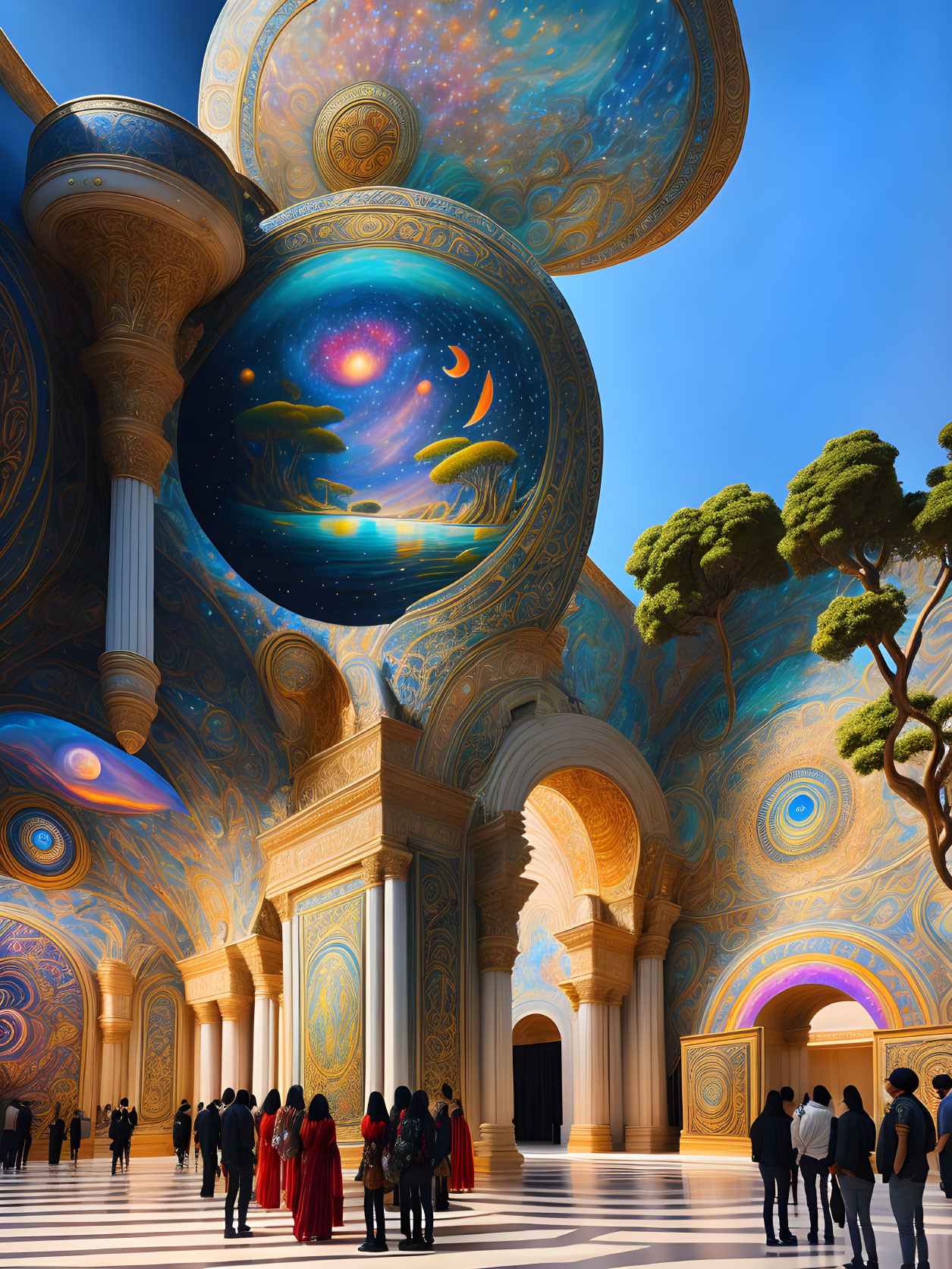 Digital Artwork: People in Ornate Hall with Cosmic Ceilings