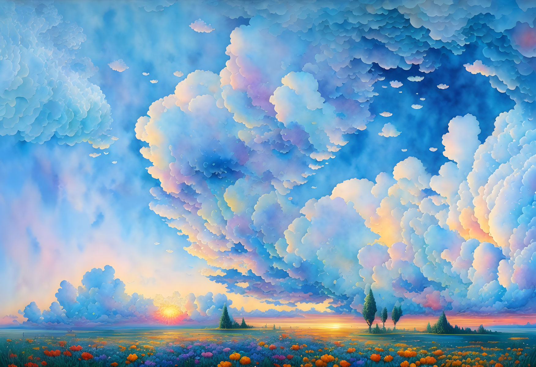 Colorful Sunrise Painting Over Blooming Flower Field