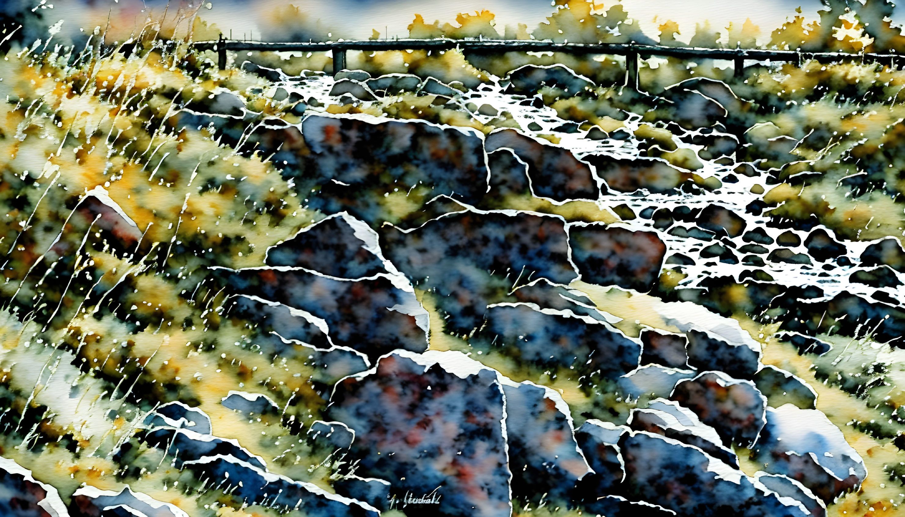 Rocky Cascade Watercolor Painting with Greenery and Fence