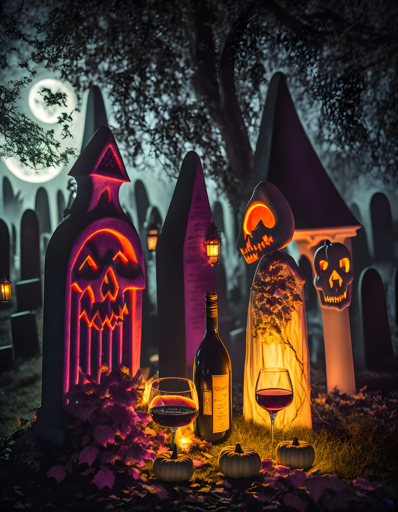 Eerie Halloween scene with jack-o'-lanterns, tombstones, full moon, wine,