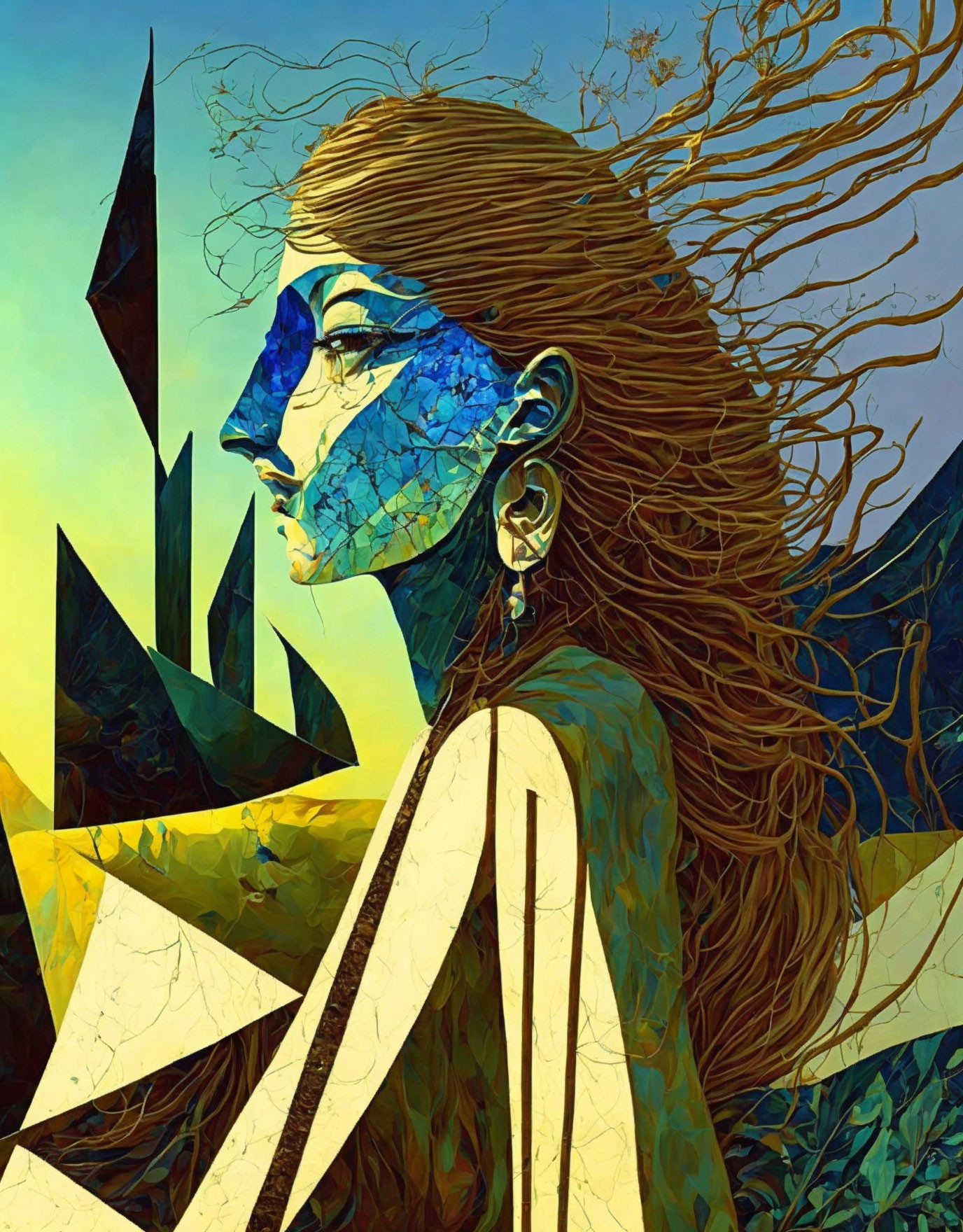 Stylized digital portrait of a woman with blue facial features and flowing hair among warm geometric shapes