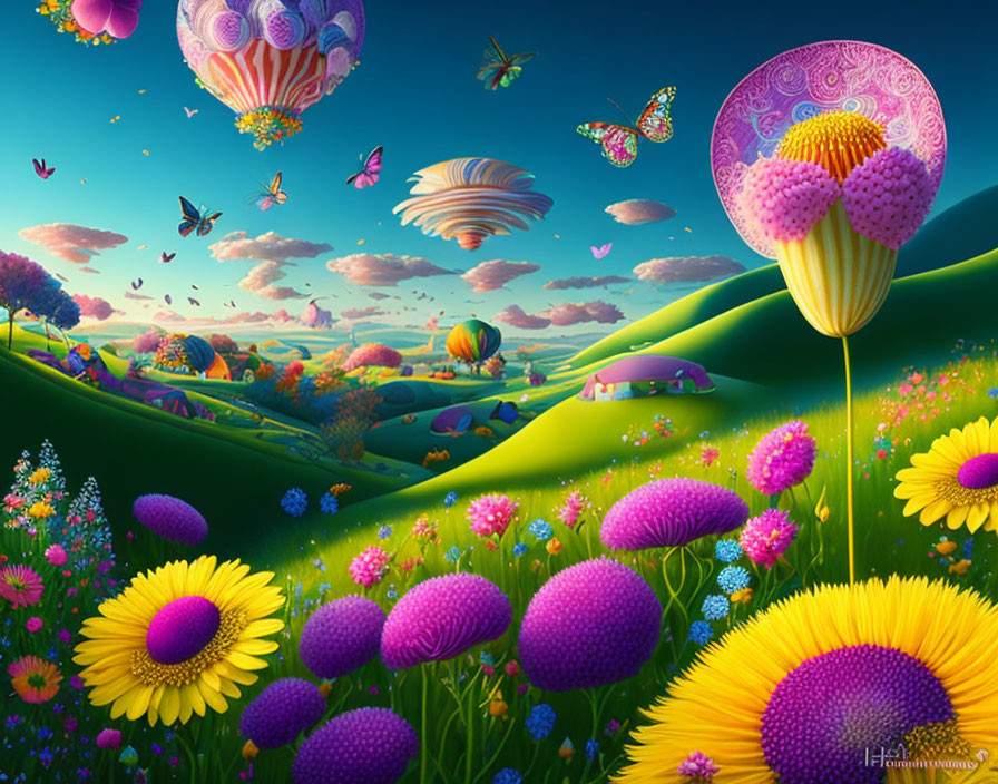 Fantasy landscape with hot air balloons, butterflies, and colorful flowers