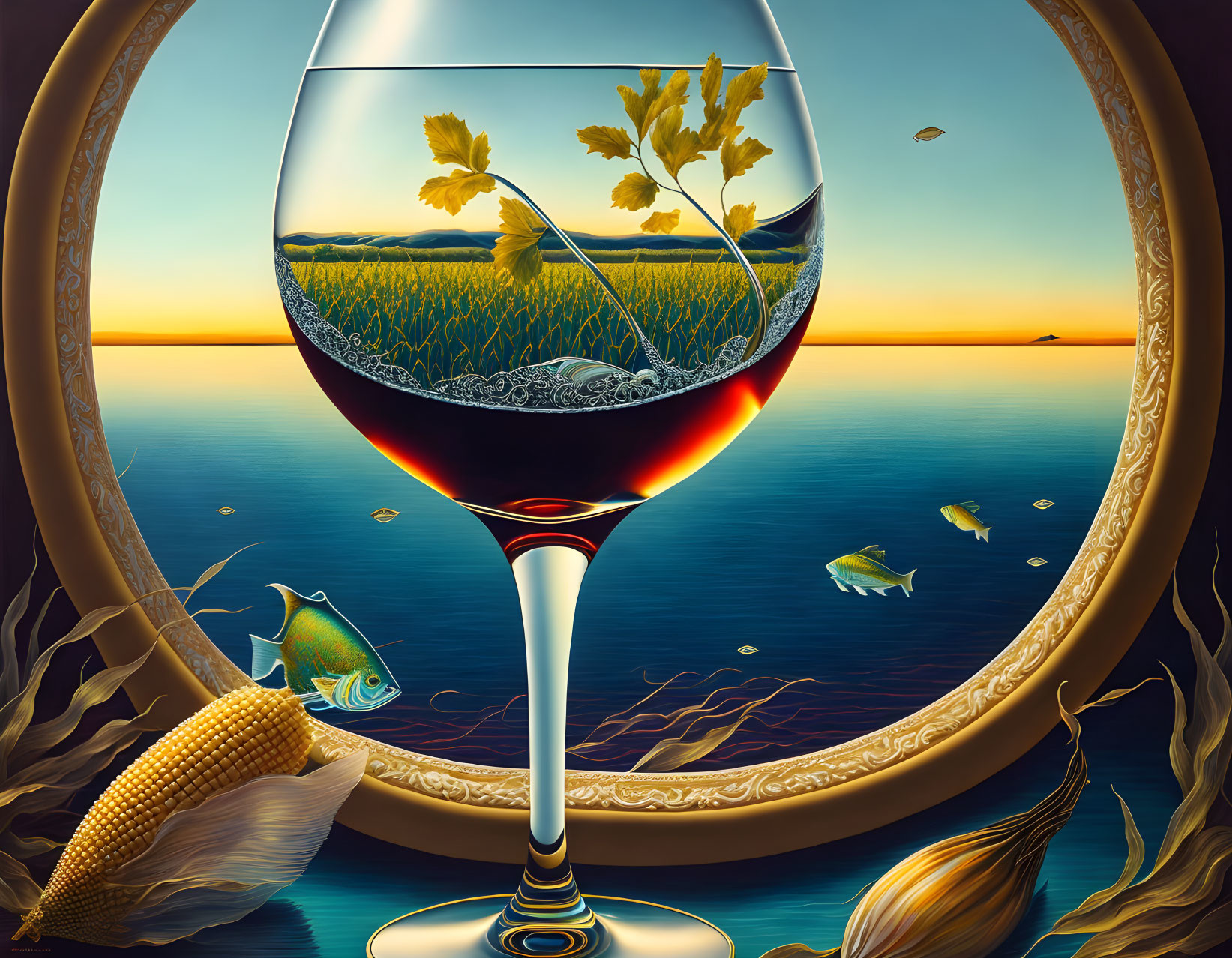 Surreal wine glass illustration with vineyard, ocean, fish, and corn in oval frame