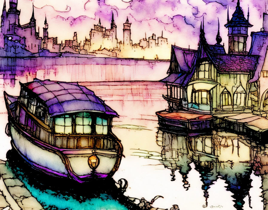 Colorful Whimsical Cityscape Artwork with Boat and Sky