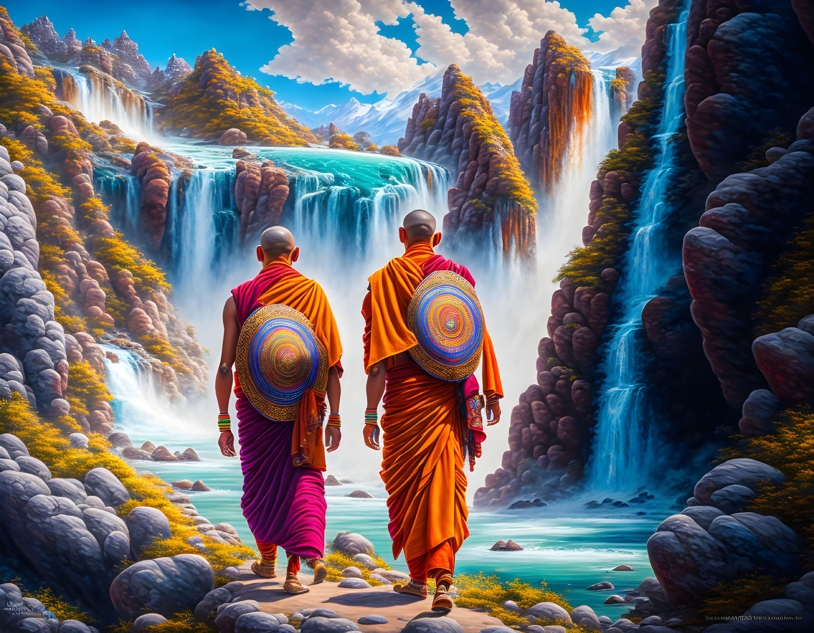 Monks in Orange Robes Walking to Majestic Waterfalls