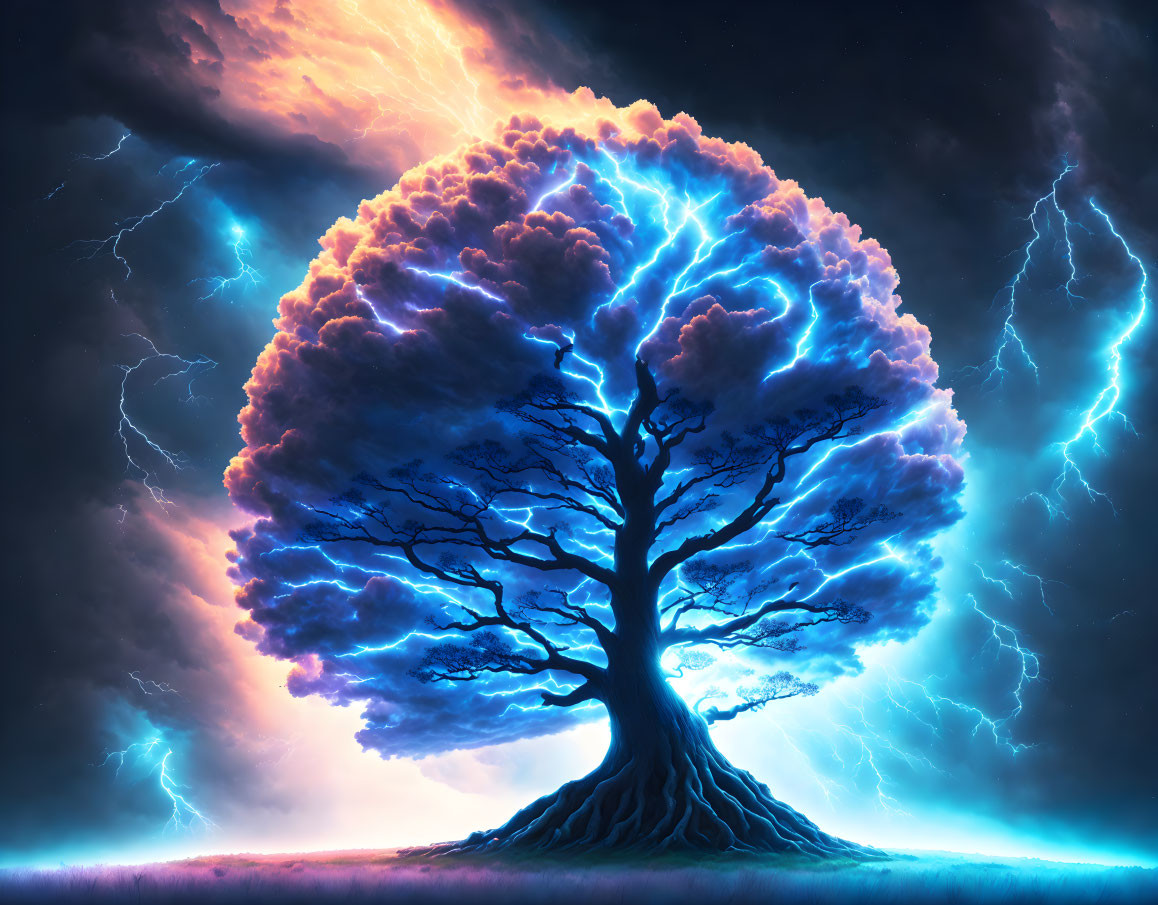 Majestic tree with blue glowing edges against dynamic orange sky