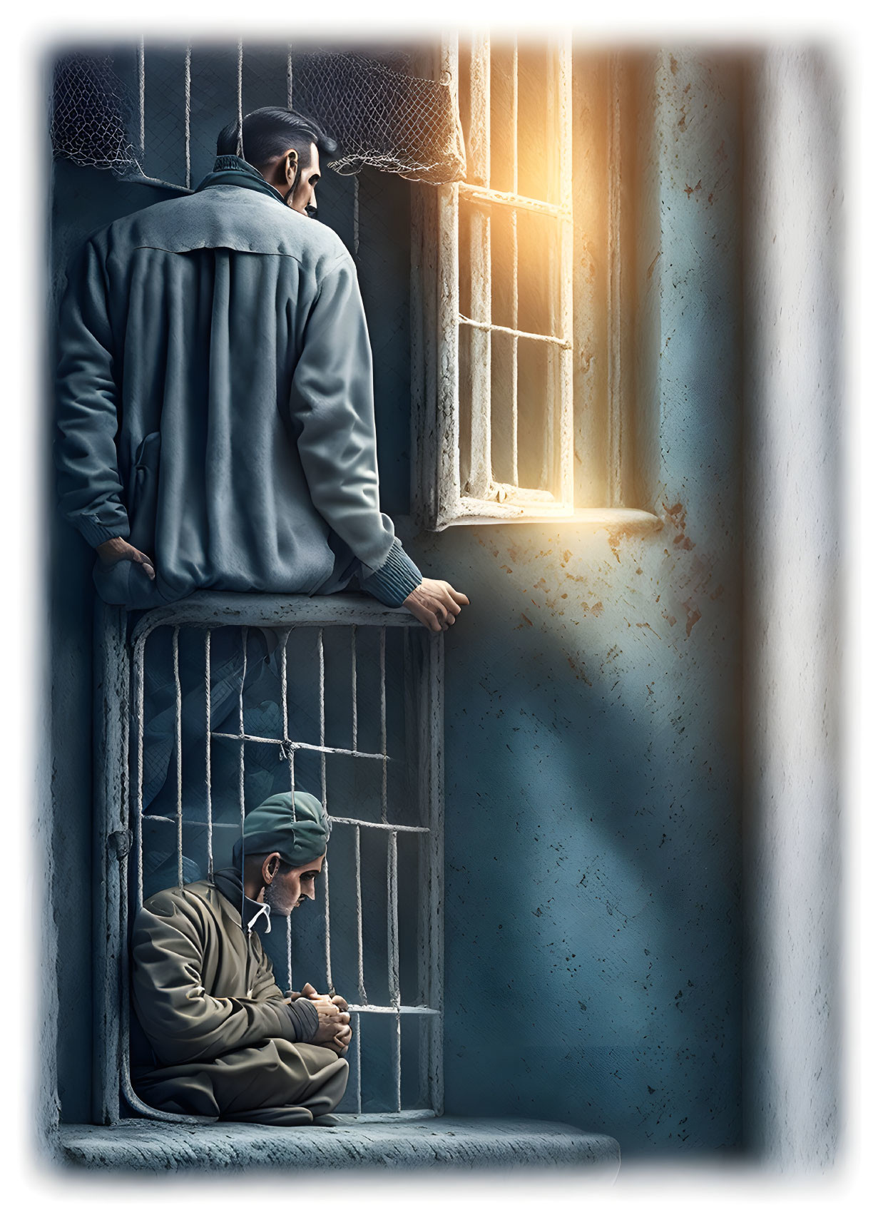 Two individuals in a cell, one behind bars, the other by the window.