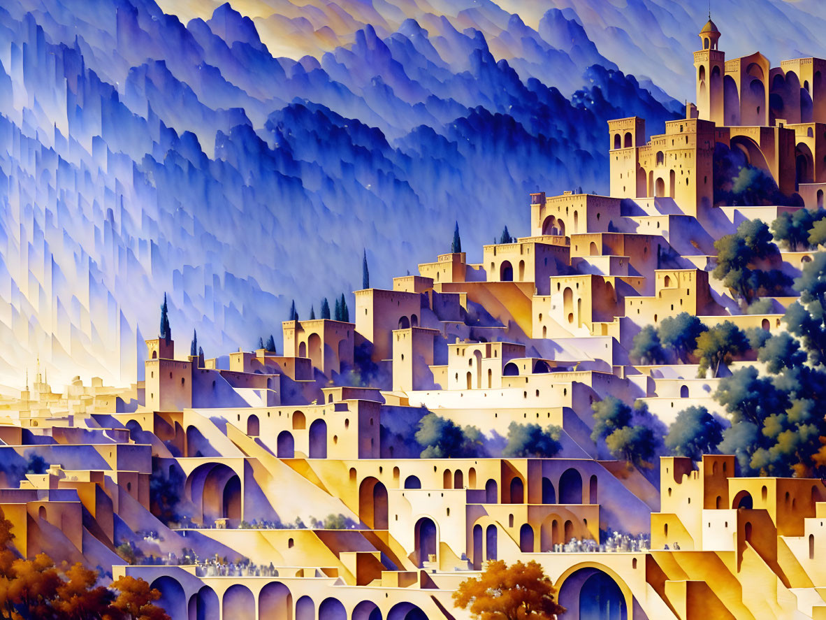 Colorful terraced cityscape with warm-toned buildings and stylized blue mountains.