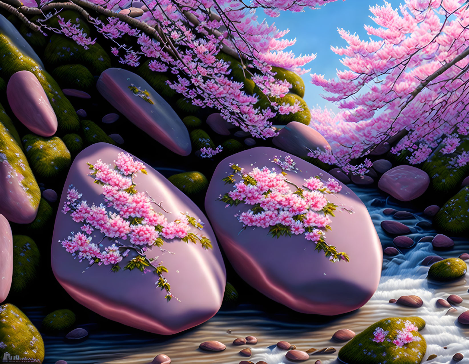 Tranquil landscape with pink cherry blossoms by serene stream