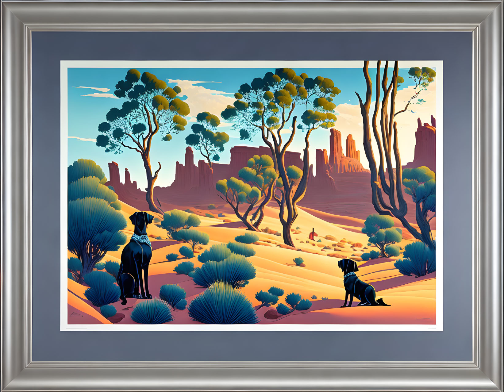 Stylized desert landscape with two dogs in vibrant tones