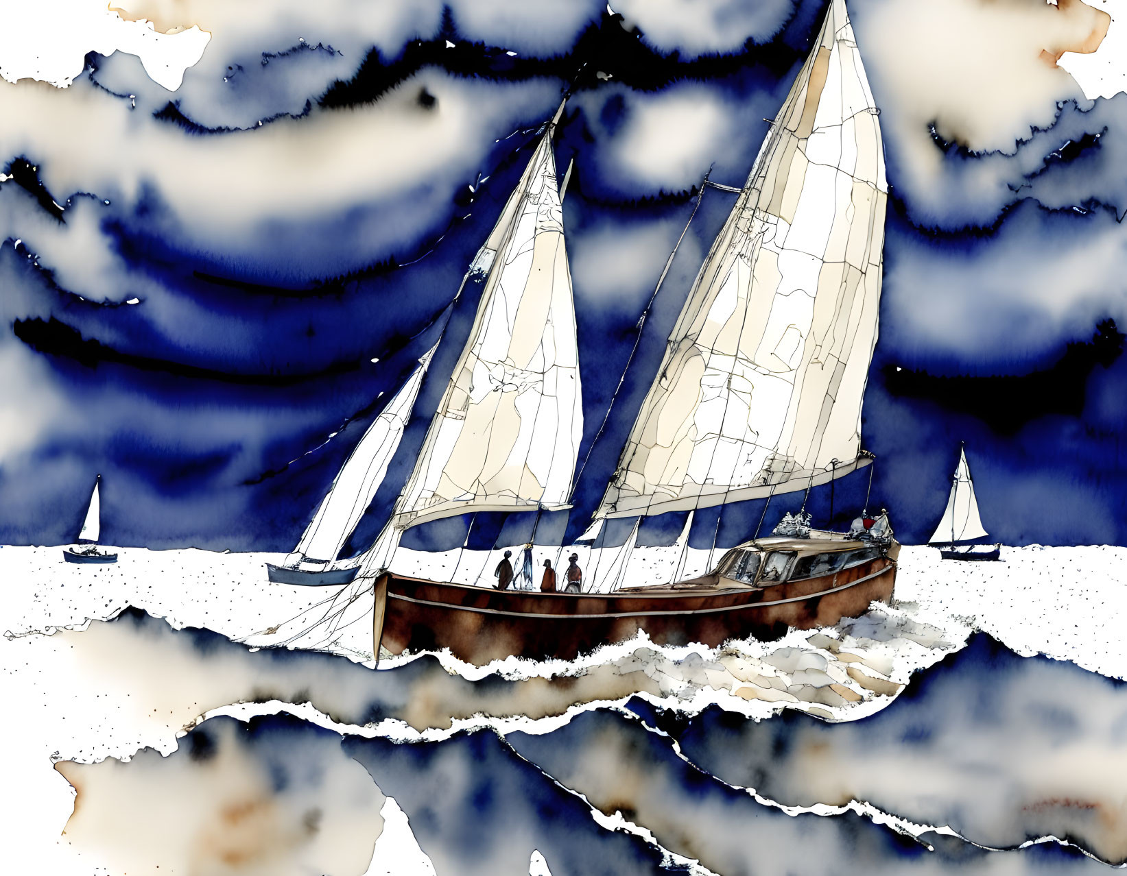 Sailboat illustration with billowing sails on water amid dark clouds