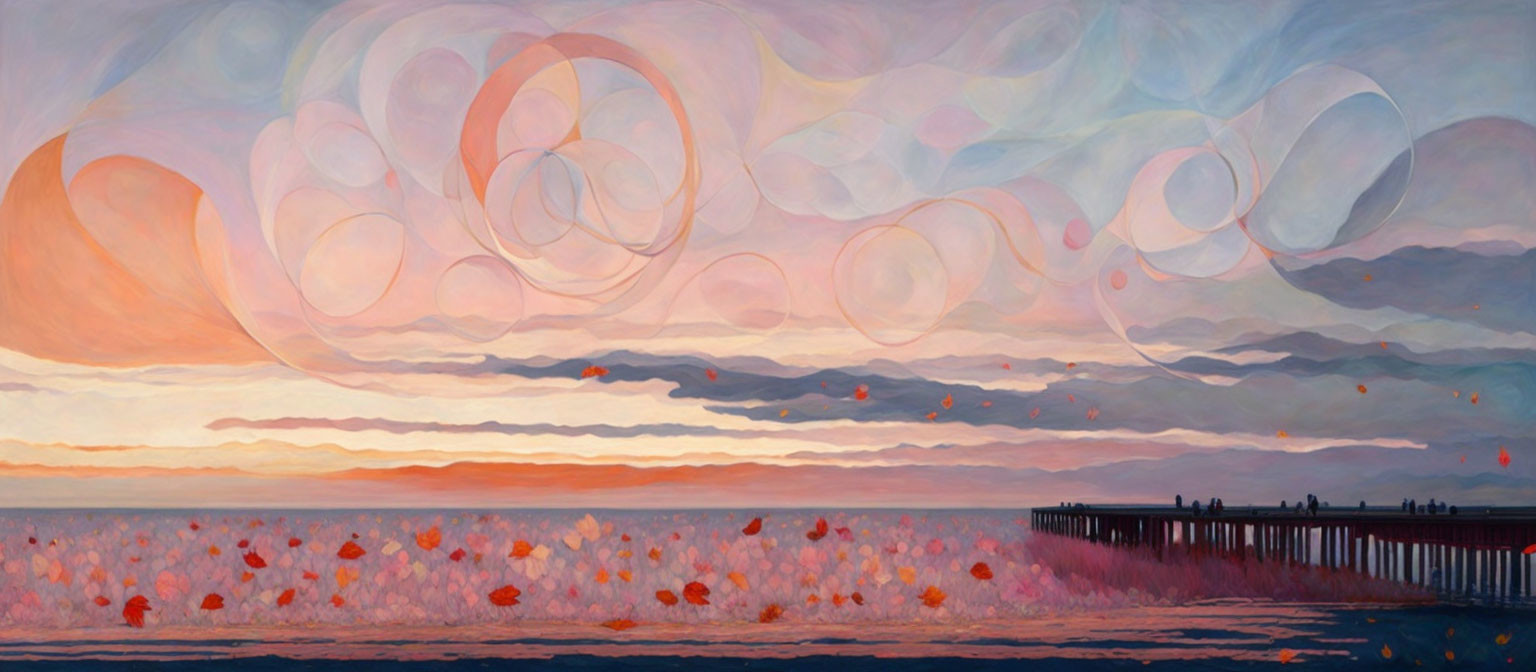 Seascape painting with sunset pier, pastel bubbles, and floating flowers