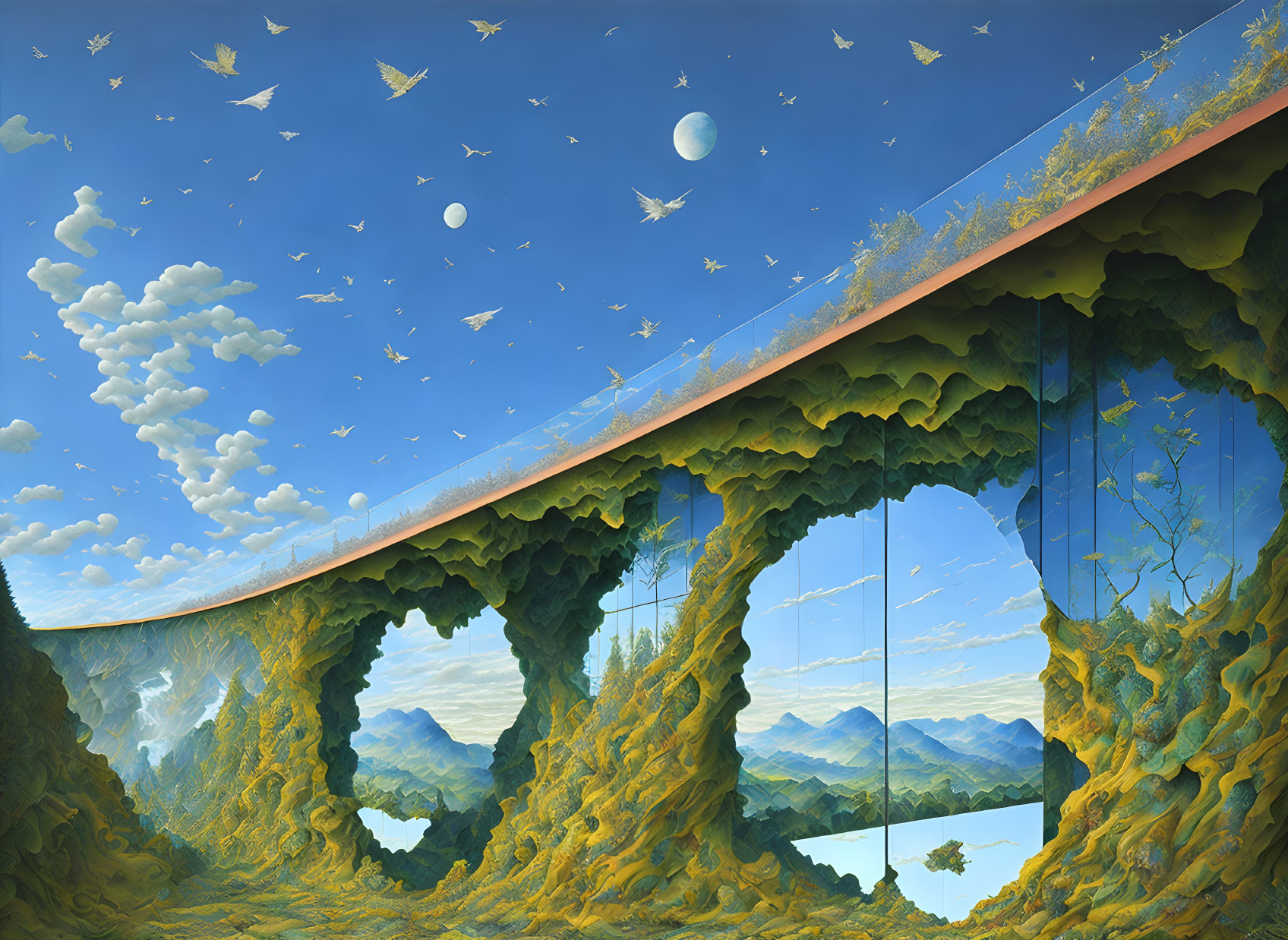 Surreal landscape painting with bridge, trees, mountains, clouds, birds, and moon