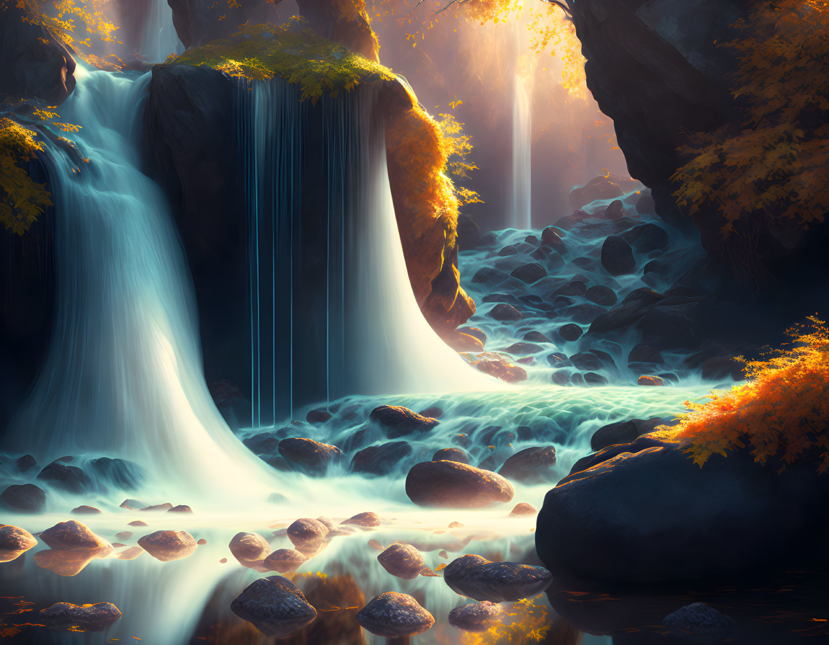 Tranquil waterfall in autumn forest with sunlight filtering through mist