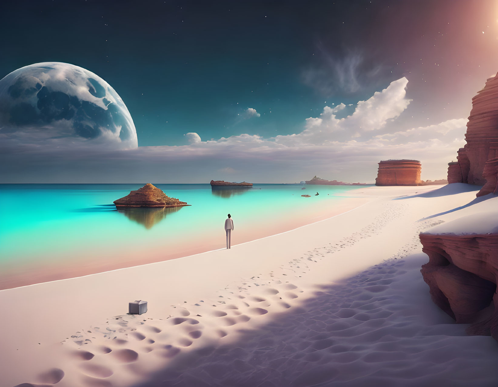 Surreal beach scene with starry sky, moon, and rock formations