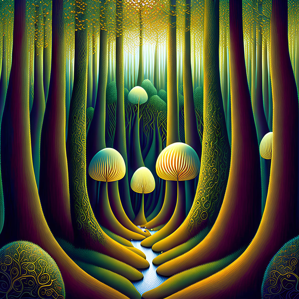 Stylized forest with tall trees and luminous mushrooms in neon-lit setting