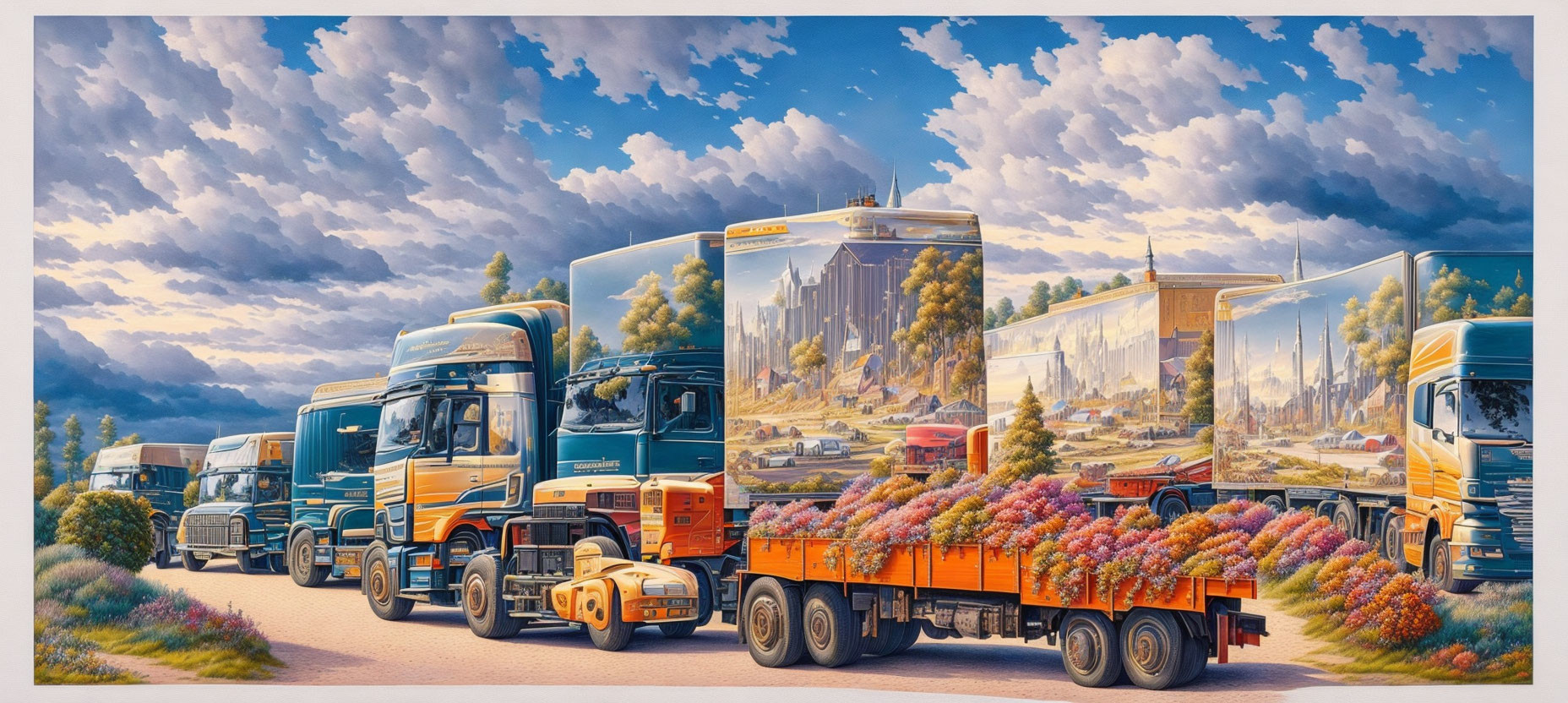 Colorful semi-trucks transporting grapes with painted landscapes on a scenic road